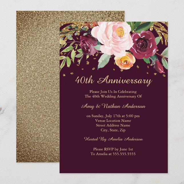 Invitation Burgundy Floral Glitter 40e Anniversaire de Mariag (Devant / Derrière)