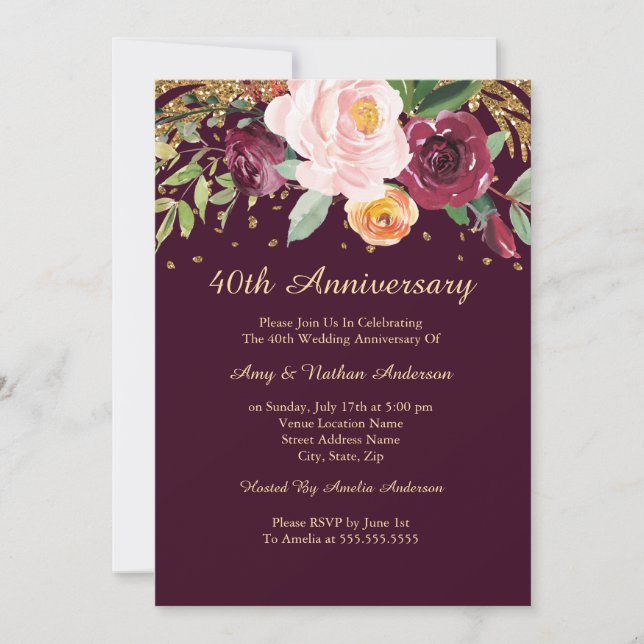 Invitation Burgundy Floral Glitter 40e Anniversaire de Mariag (Devant)
