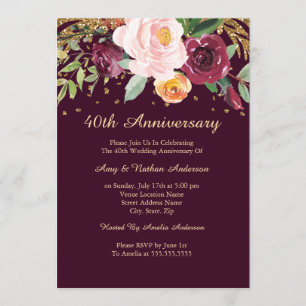 Invitation Burgundy Floral Glitter 40e Anniversaire de Mariag