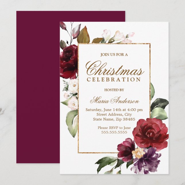 Invitation Burgundy Floral Gold Frontière Noël (Devant / Derrière)