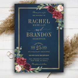 Invitation Burgundy Floral Gold Navy Bleu Russe Mariage