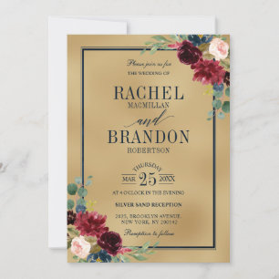 Invitation Burgundy Floral Gold Navy Bleu Russe Mariage