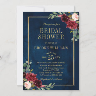 Invitation Burgundy Floral Gold Navy Fête des mariées bleue