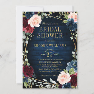 Invitation Burgundy Floral Gold Navy Fête des mariées bleue