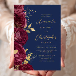 Invitation Burgundy Floral Gold Script Navy Blue Wedding