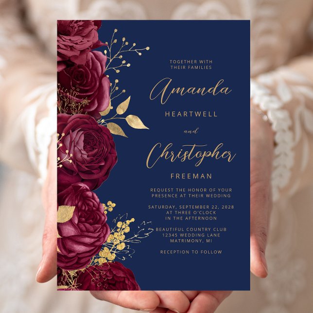 Invitation Burgundy Floral Gold Script Navy Blue Wedding (Créateur téléchargé)