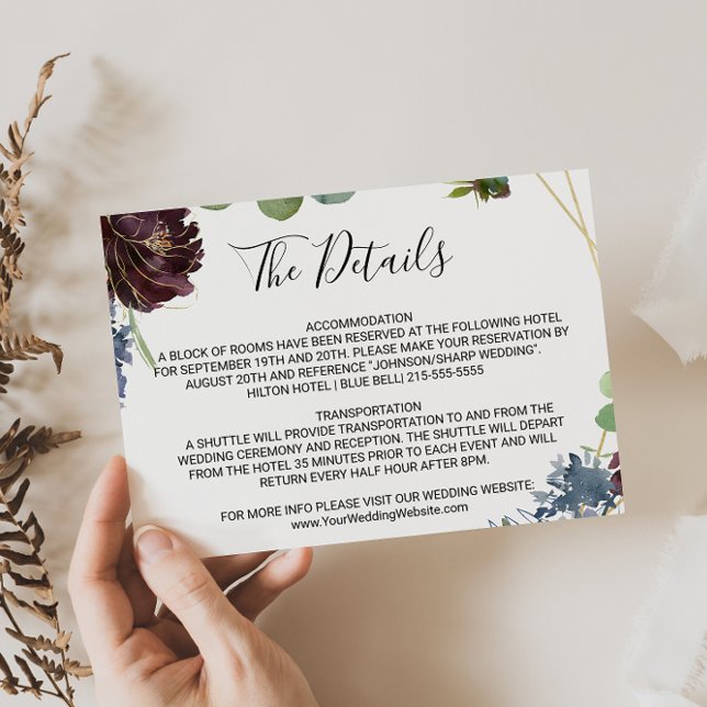 Invitation Burgundy Floral & Greenery Détails du Mariage Insé (Créateur téléchargé)