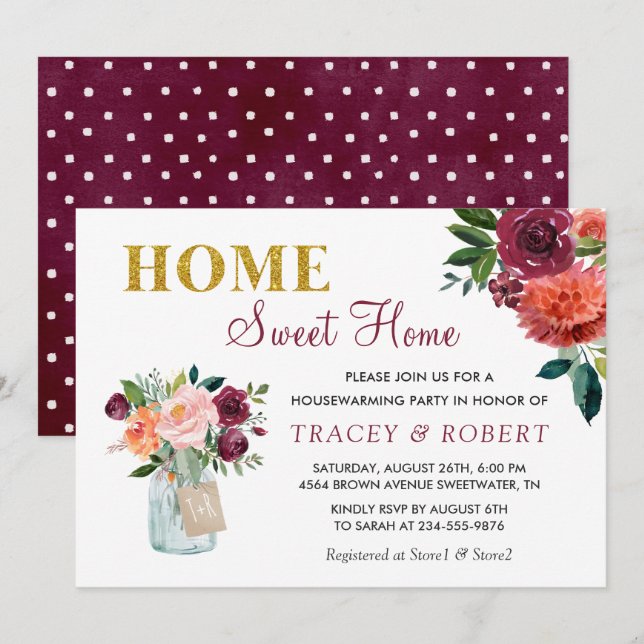 Invitation Burgundy Floral Home Sweet Home Ménage (Devant / Derrière)