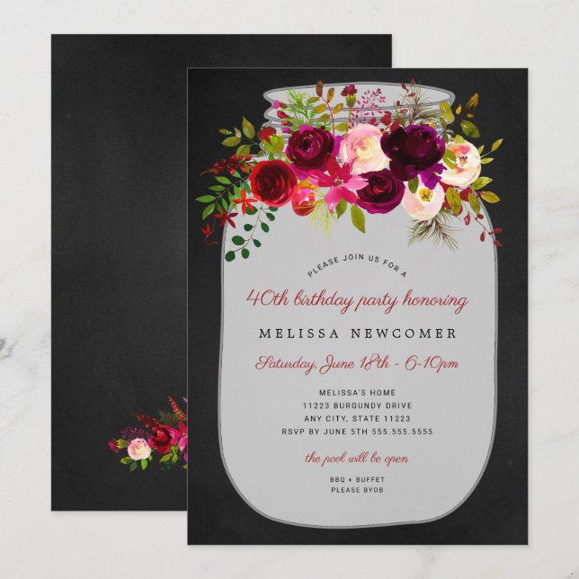 Invitation Burgundy Floral mason jarre d'anniversaire invitat (Devant / Derrière)