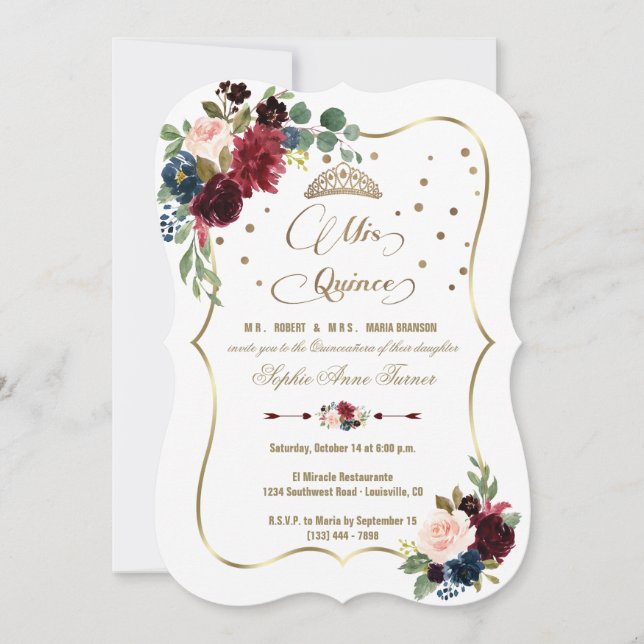Invitation Burgundy Floral Mis Quince Script Quinceañera (Devant)