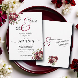 Invitation Burgundy Floral moderne Script et détails Mariage