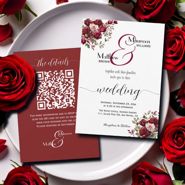 Invitation Burgundy Floral Moderne Script QR Code Mariage (Créateur téléchargé)