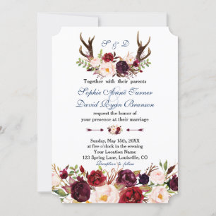 Invitation Burgundy Floral Navy Blue Antlers Monogram Mariage