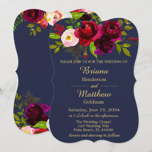 Invitation Burgundy Floral Navy Blue Gold Mariage