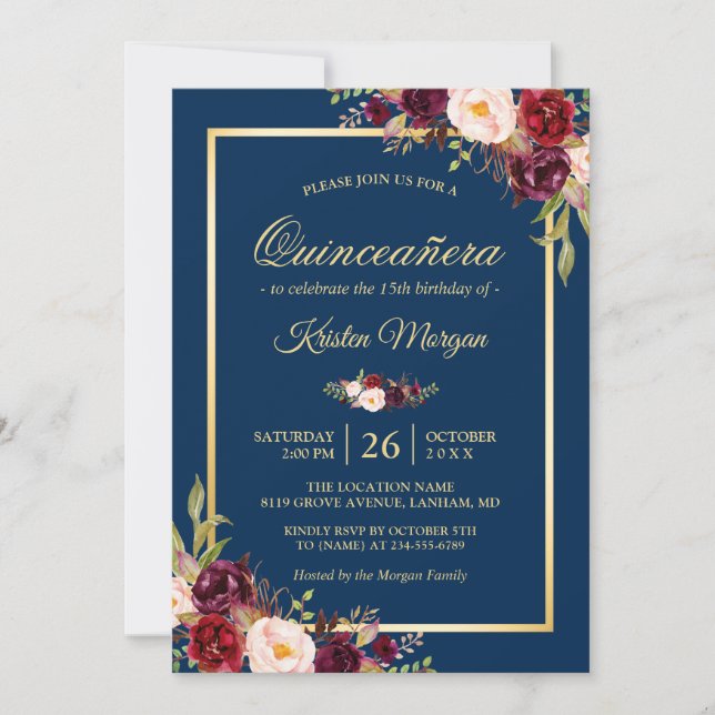 Invitation Burgundy Floral Navy Blue Quinceanera Anniversaire (Devant)