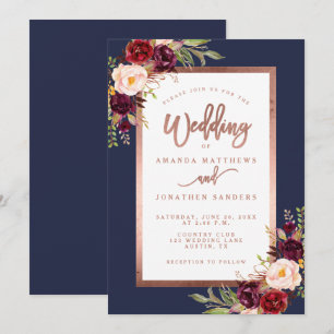 Invitation Burgundy Floral Navy Blue Rose Gold Script Mariage