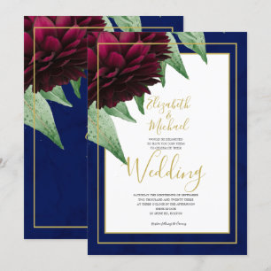 Invitation Burgundy Floral Navy Gold Elegant Chic Mariage