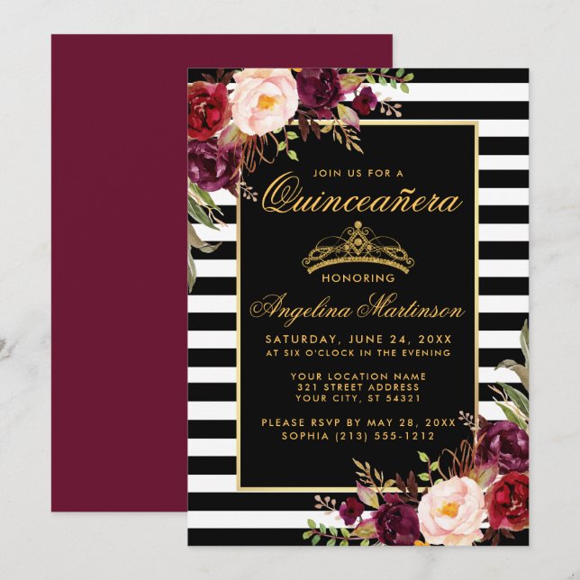 Invitation Burgundy Floral Or Grilles Quinceanera (Devant / Derrière)