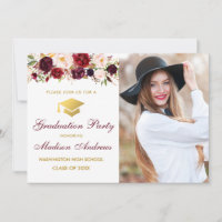 Burgundy Floral Photo Gold Graduation Party Invita