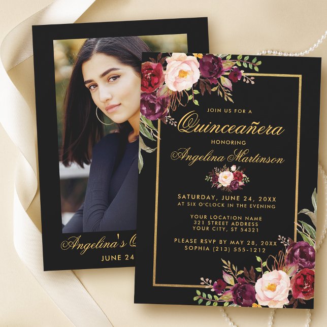 Invitation Burgundy Floral Quinceanera Black Gold Photo Retou (Customize to change text size or text style.)