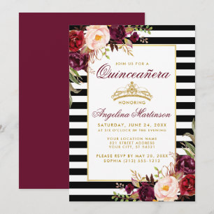 Invitation Burgundy Floral Quinceanera Gold Crown