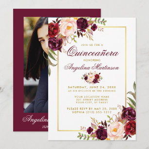 Invitation Burgundy Floral Quinceanera Gold Photo Retour