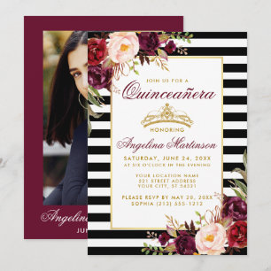 Invitation Burgundy Floral Quinceanera Grandes de la Couronne