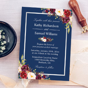 Invitation Burgundy Floral Silver Navy Blue Winter Wedding