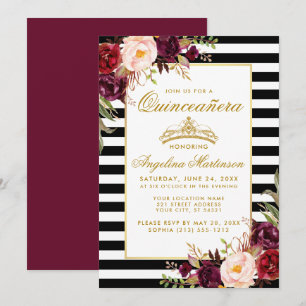 Invitation Burgundy Floral Stripes Quinceanera Gold Crown