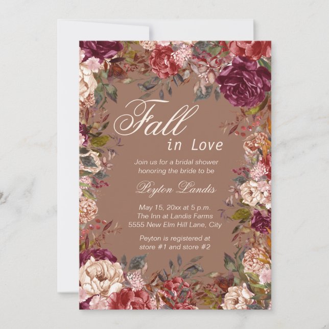 Invitation Burgundy Floral Taupe Chute en Amour Fête des mari (Devant)