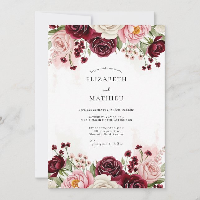 Invitation Burgundy Floral Wedding (Devant)