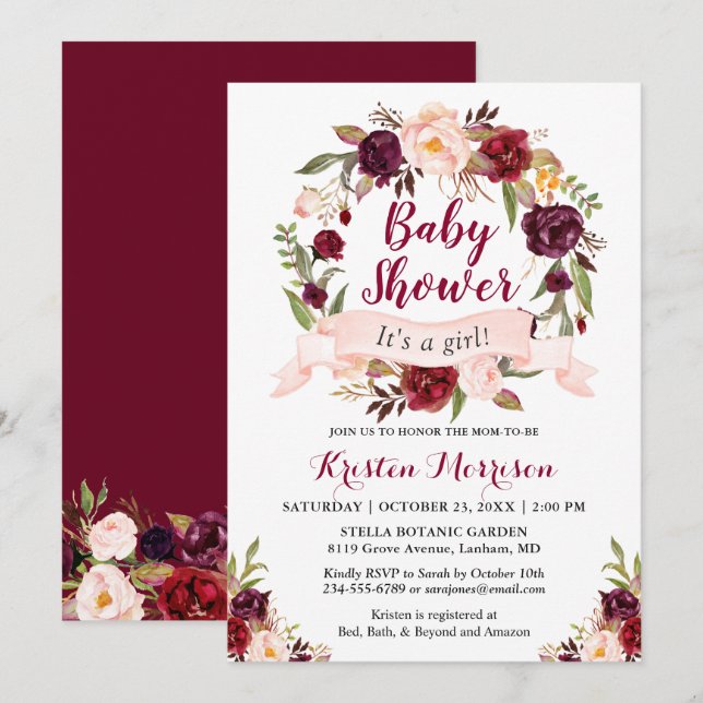 Invitation Burgundy Floral Wreath Blush Ribbon Baby shower (Devant / Derrière)