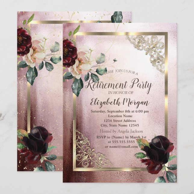Invitation Burgundy Flowers Gold Frame Rose Gold Retraite (Devant / Derrière)