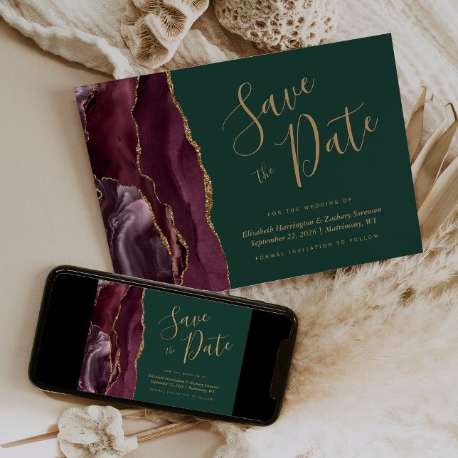 Invitation Burgundy Gold Agate Green Save the Date Card (Créateur téléchargé)