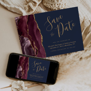 Invitation Burgundy Gold Agate Navy Blue Enregistrez la Date
