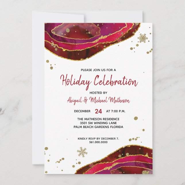 Invitation Burgundy Gold Aquarelle Géode Agate Fête (Devant)