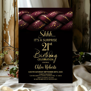 Invitation Burgundy Gold Braid Surprise 21e fête d'anniversai