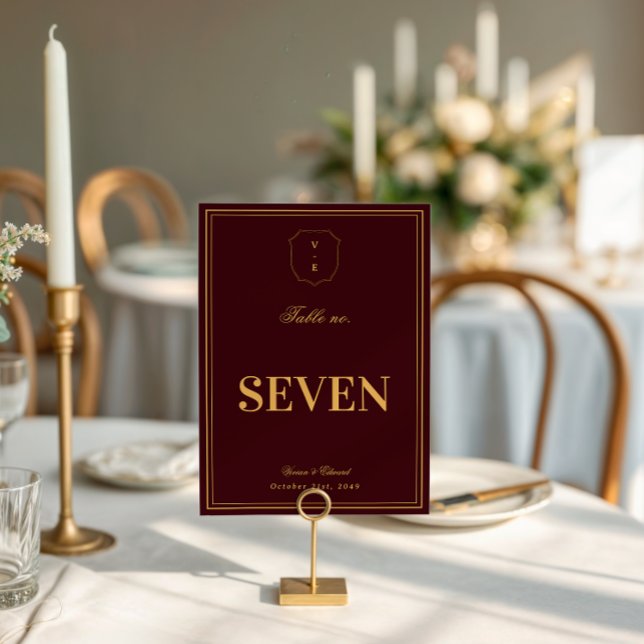 Invitation Burgundy Gold Crest Monogram Wedding Table Number (Créateur téléchargé)