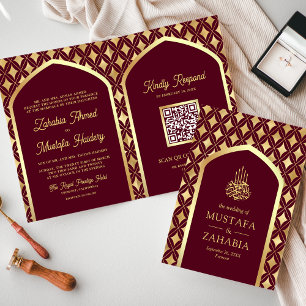 Invitation Burgundy Gold Diamonds Arch QR Code Mariage musulm