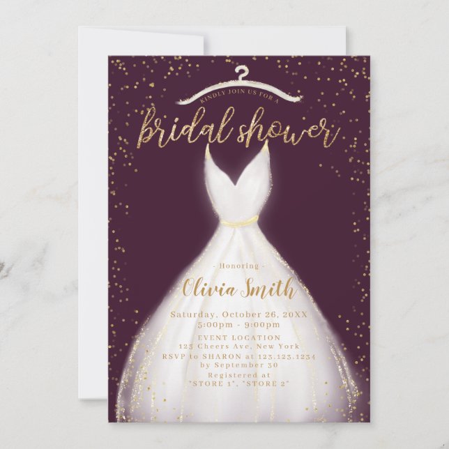 Invitation Burgundy Gold élégante robe de mariage Fête des ma (Devant)
