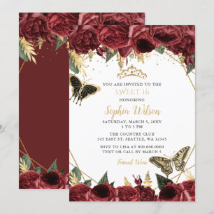 Invitation Burgundy Gold Floral Butterfly Sweet 16