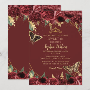 Invitation Burgundy Gold Floral Butterfly Sweet 16