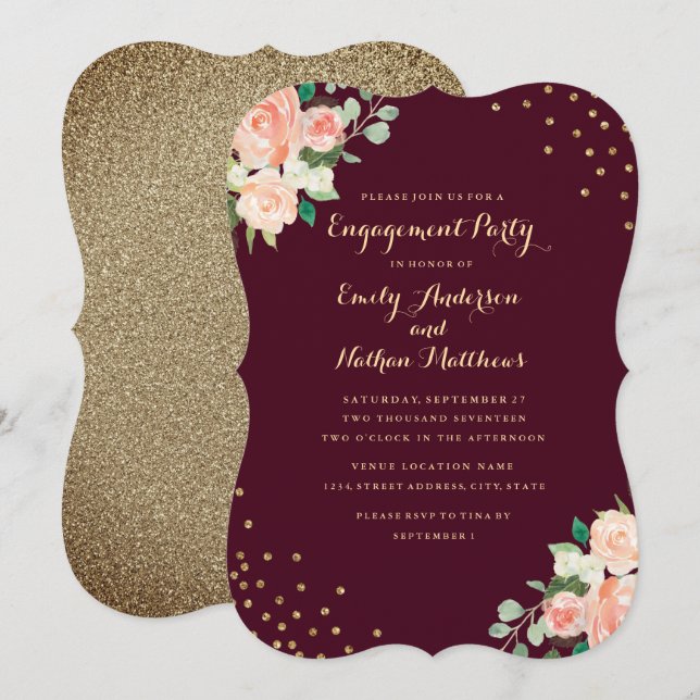 Invitation Burgundy Gold Floral Confetti (Devant / Derrière)