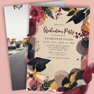 Invitation Burgundy Gold Floral Graduation Party