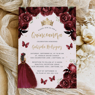Invitation Burgundy Gold Floral Princess Quinceañera