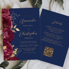 Invitation Burgundy Gold Floral QR Code Wedding