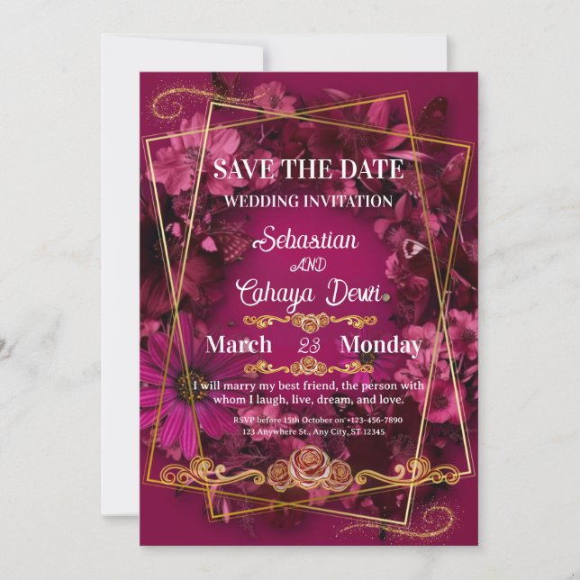 Invitation Burgundy Gold Floral Wedding Save the Date (Devant)