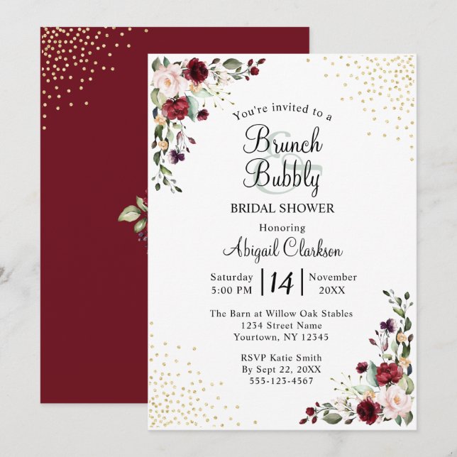 Invitation Burgundy Gold Foil Brunch & Bubbly Fête des mariée (Devant / Derrière)