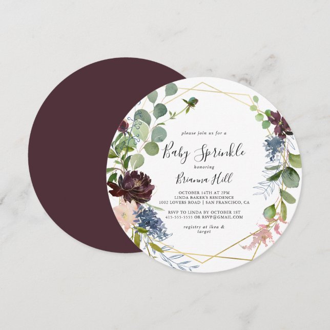 Invitation Burgundy Gold Geometry Baby Sprinky (Devant / Derrière)