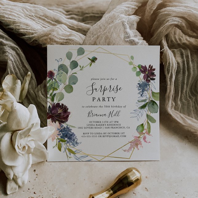 Invitation Burgundy Gold Geometry Surprise Party (Créateur téléchargé)